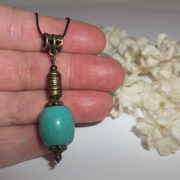 Necklace Pendant Turquoise Blue and Bronze Beaded Boho Southwestern Jewelry A106 - Picture 6 of 9